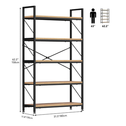 DWVO Bookcase 5 Tiers, Industrial Book Shelf 80cm Wide 158cm High Large Book Case Wooden Shelf and Metal Shelving Unit Display Storage Rack for
