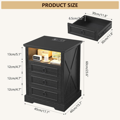FREDEES LED Bedside Table with Charging Station, Black