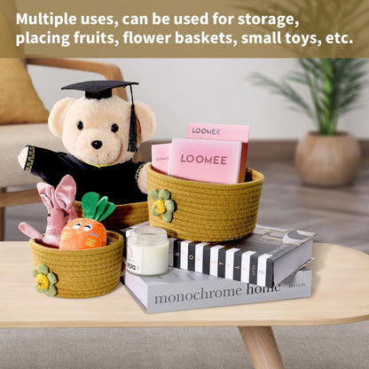 Alissvater 3-Piece Cosmetic Storage Basket Made of Natural Cotton Yarn with Lid - Washable and Decorative Basket for Storage