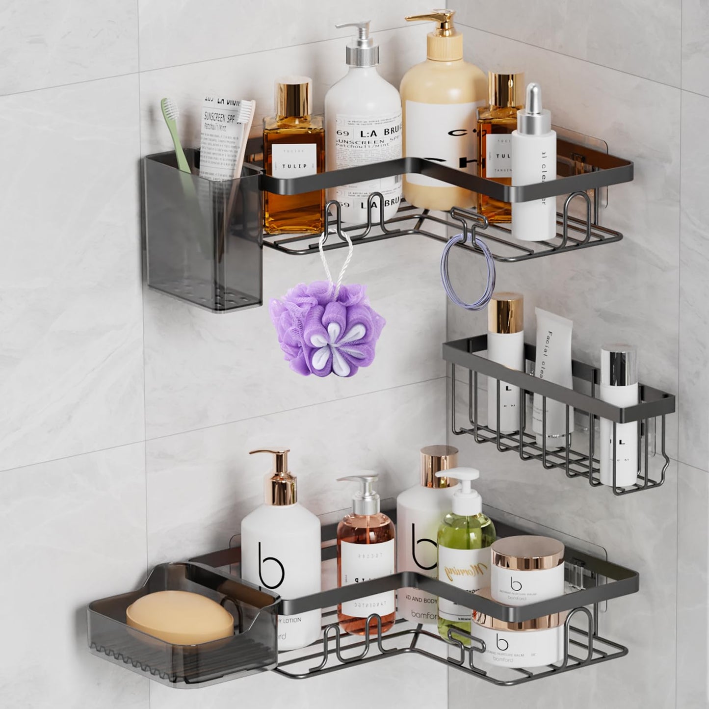 YEAUPE PRO 5-Piece Bathroom Storage Set ? No Drilling Corner Shelves, Soap Dish, Toothbrush Holder & Basket ? Adhesive, Matte Black