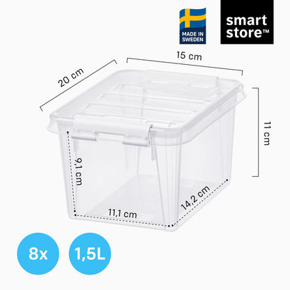 SmartStore - 8x Plastic Storage Box with Lid Classic 1.5L (20x15x11cm) |Storage Drawers|Food-Safe Material|Kitchen & Organisation|BPA-Free|Durable