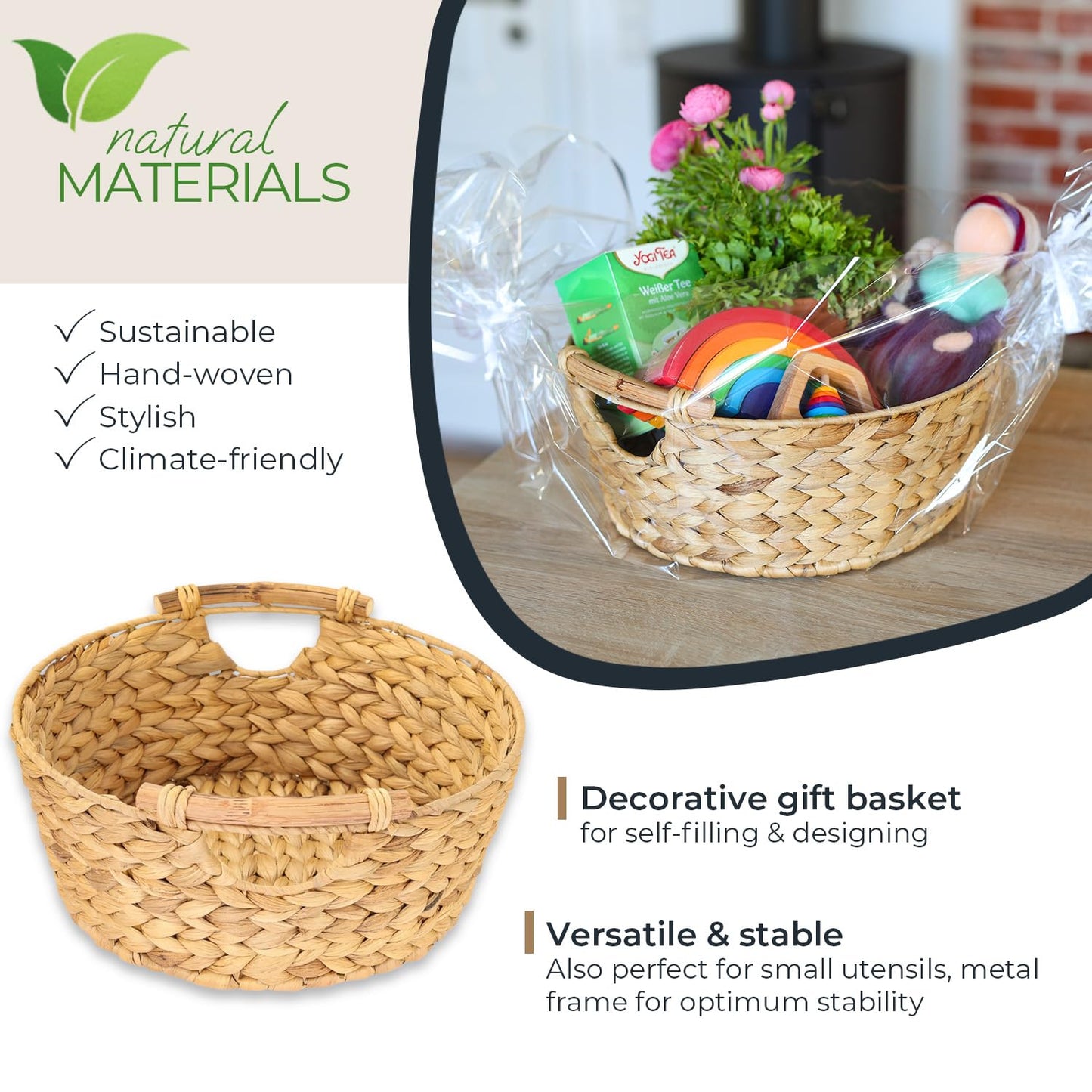 HMF Storage Basket Round Gift Basket Empty Braided Water Hyacinth with Wooden Handles 30 x 12 cm