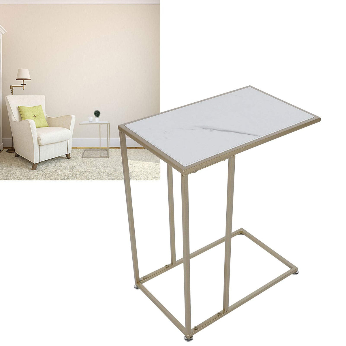C Shaped Side Table, Sofa End Table with Gold Metal Frame Coffee Snack Table Laptop Holder Table Bedside Table Modern Open Type Under Bed Table Care
