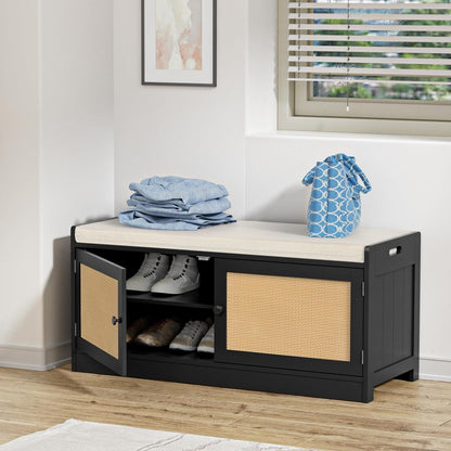 Yvsevnr Rattan Shoe Storage Bench with Seat Cushion Organiser Wooden Shoe Rack with Adjustable Shelves, 2 Doors, 2-Tier, for Hallway, Bedroom