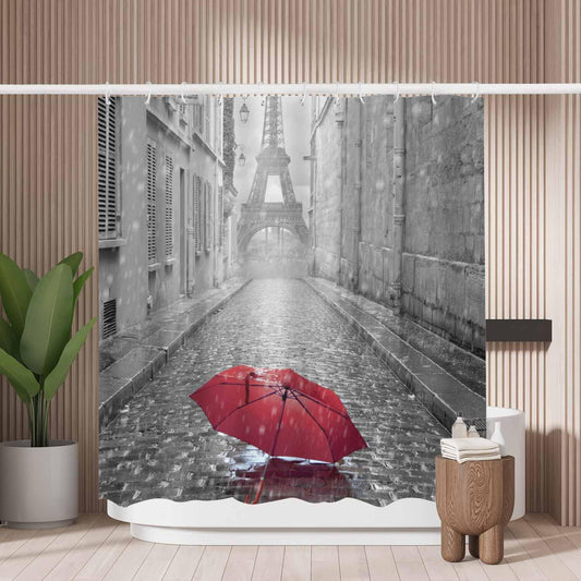 Woutay Shower Curtain Water Repellant Fabric Red Umbrella on The Streets of Paris,Mould Proof Resistant,Polyester,with 12 Plastic Hooks