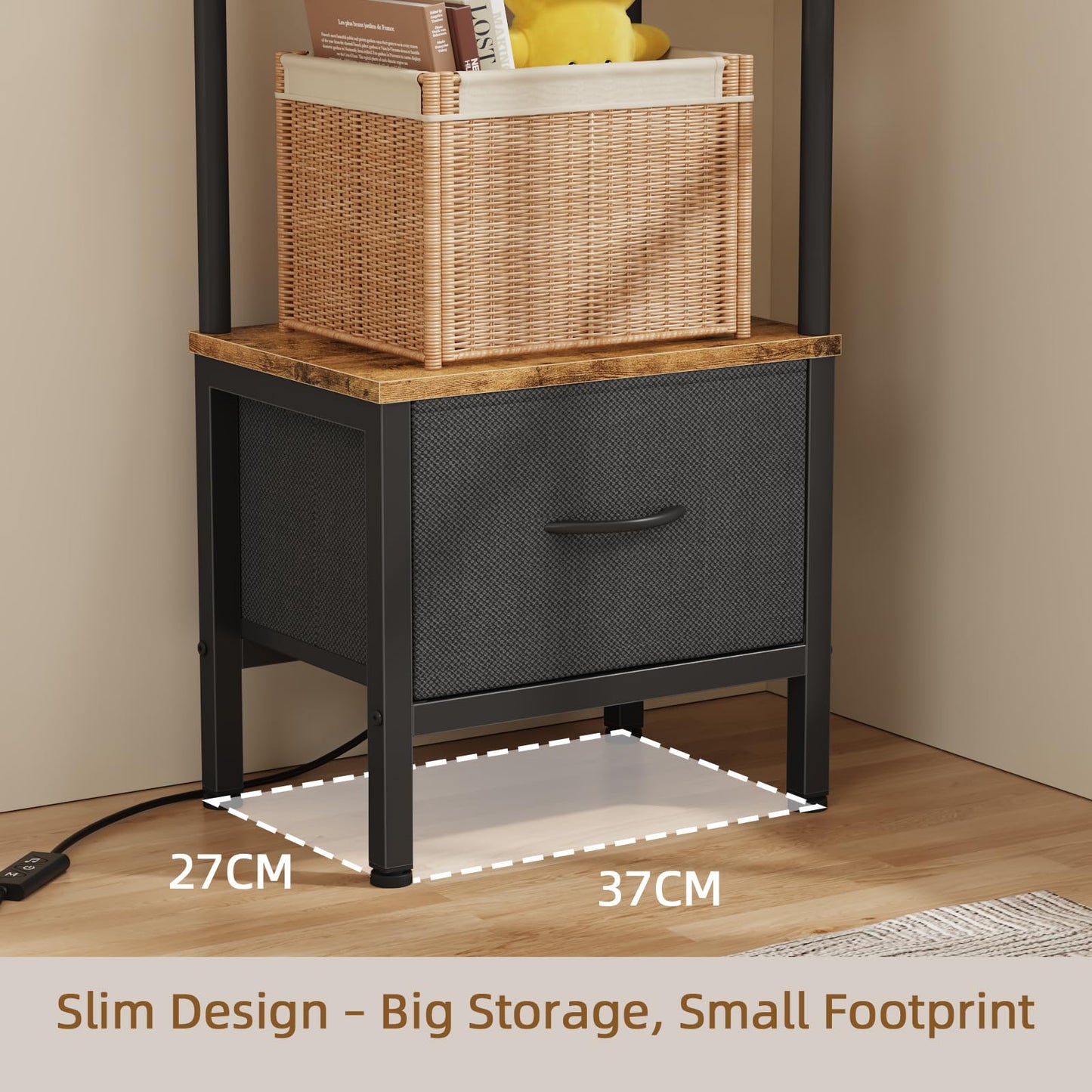 OYRREU 5-Tier Corner Shelf with LED Light & Fabric Drawer, Retro Brown