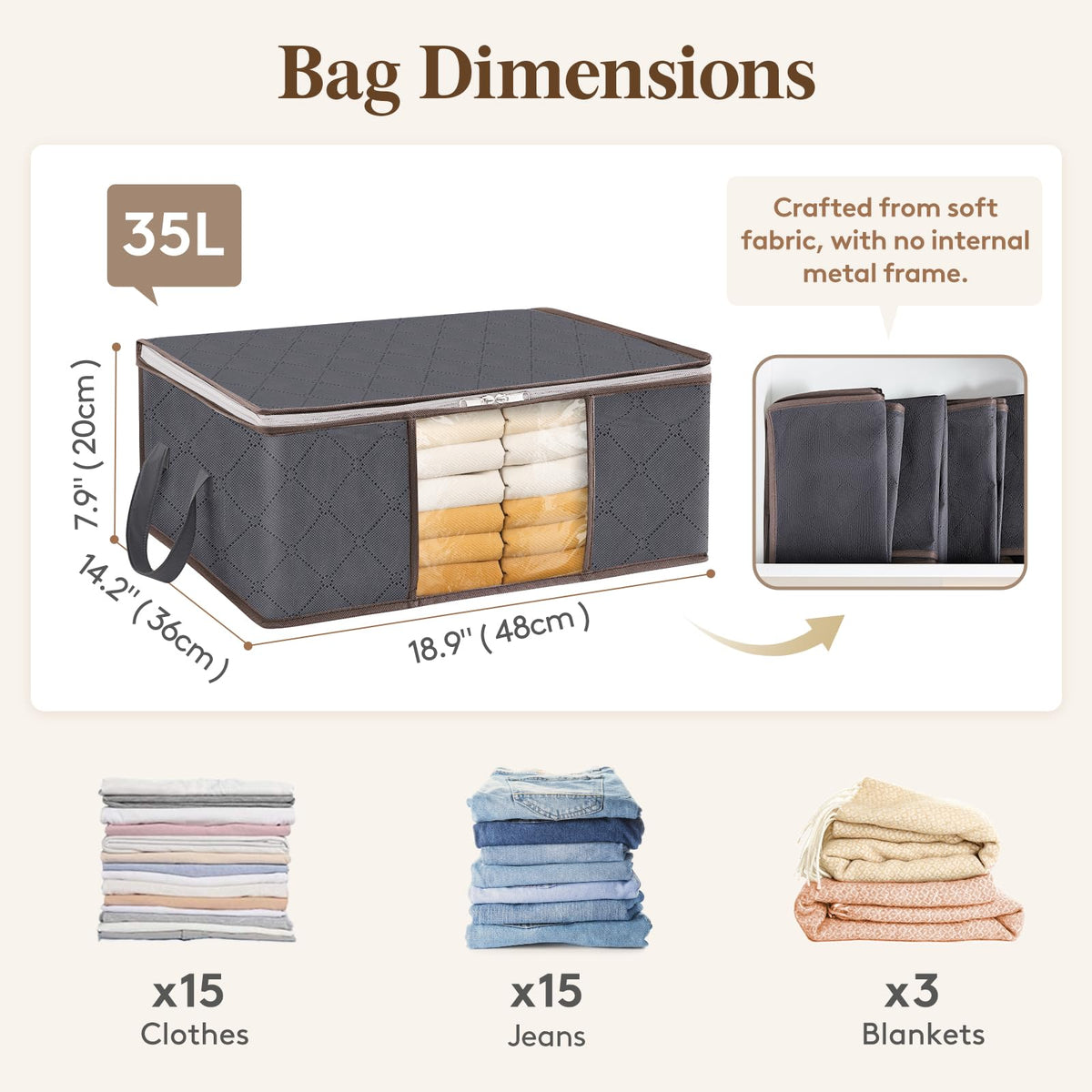 Lifewit 35L Clothes Storage Bags with Clear Window, Foldable Underbed Clothes Covers, Organisers for Clothing, Bedding, Sweaters Protection, 3 Pack