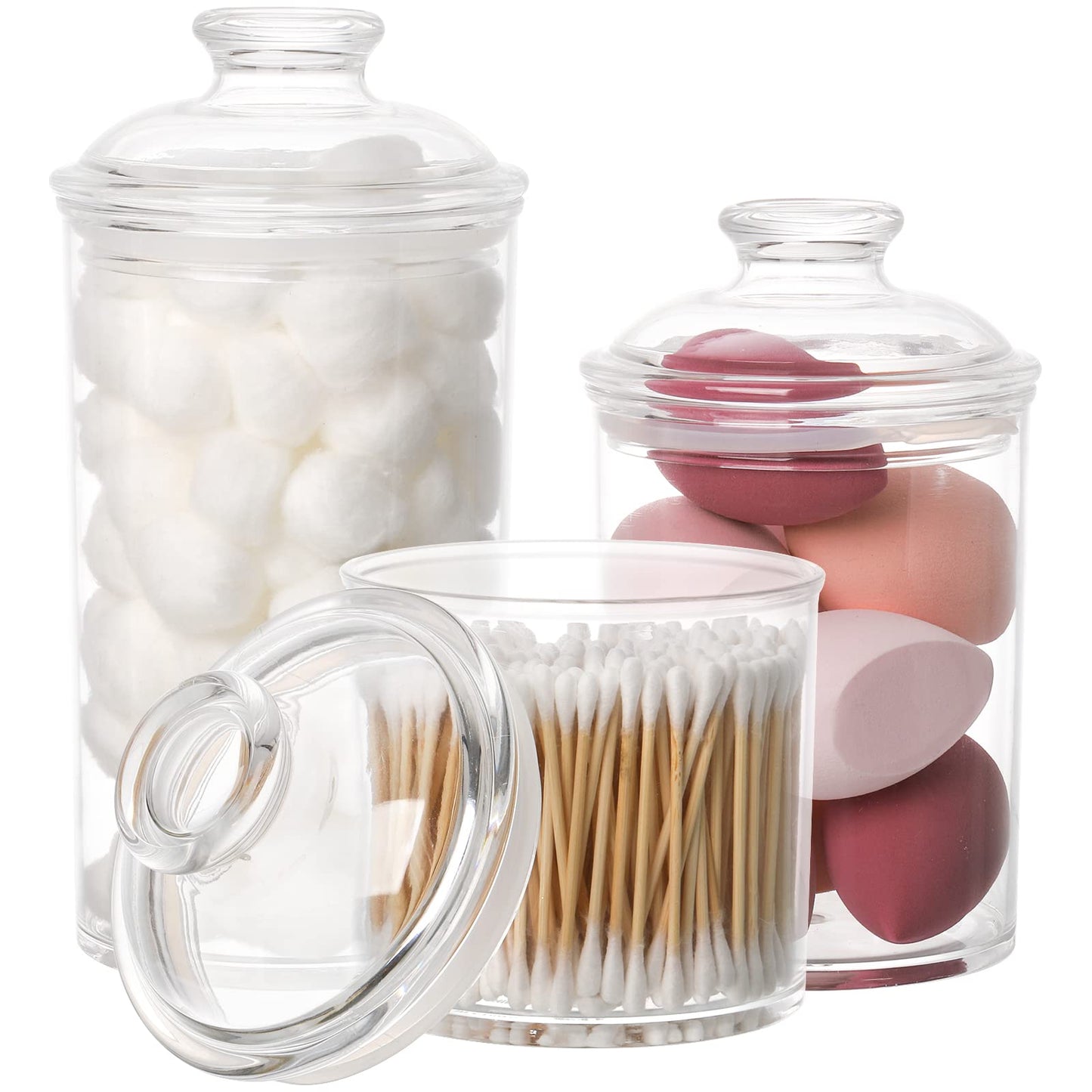 Lyellfe Set of 3 Acrylic Apothecary Jars, Vanity Organizer Canister with Airtight Lids, Bathroom Qtip Holder, Clear Storage Jar for Candy, Bath Salt,