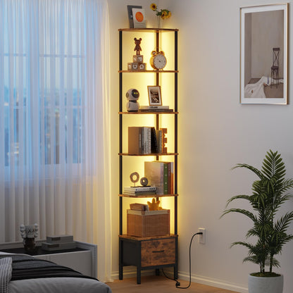 OYRREU 6-Tier Corner Shelf with LED Light & Fabric Drawer, Retro Brown