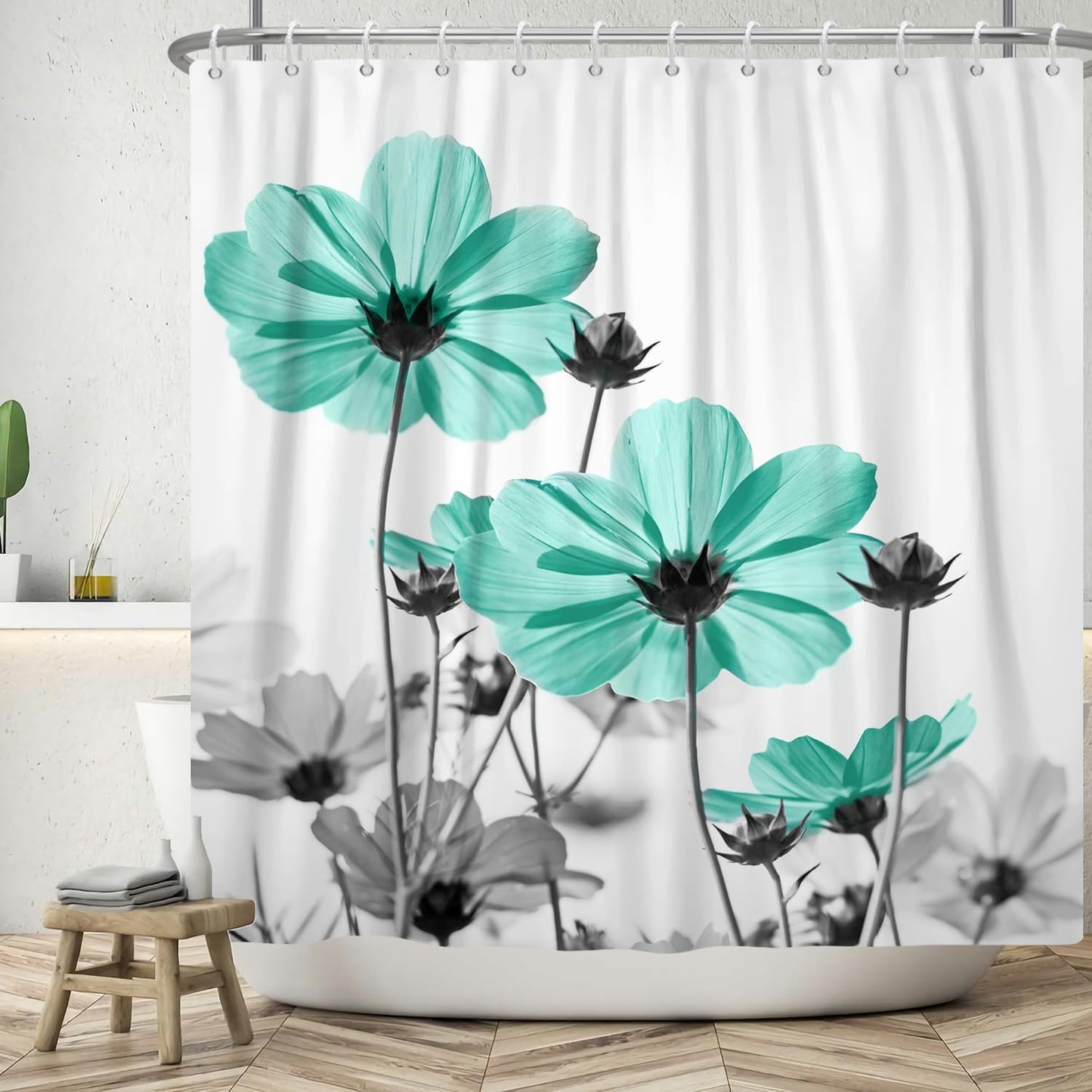 ASDCXZ Turquoise Floral Shower Curtain 180x200 cm, Watercolor Turquoise Gray Daisy Flowers Rustic Farmhouse Waterproof Bath Curtain Polyester Textile
