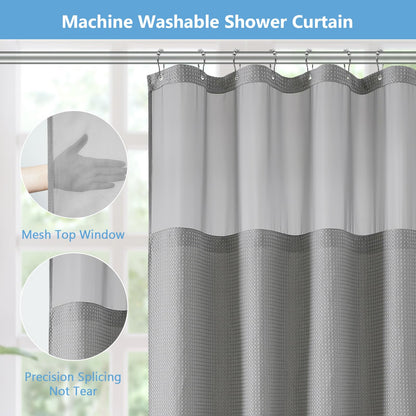 FY&XZH Waffle Shower Curtain with Hooks, Heavy Waterproof Fabric Shower Curtain with TPU Coated Back, 72"x72" Hotel Style with Mesh Window