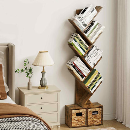 Vagusicc 6 Tier Tree Bookshelf with 2 Storage Baskets, Tall Display Shelf Organizer for Books, Magazines, Home Decor