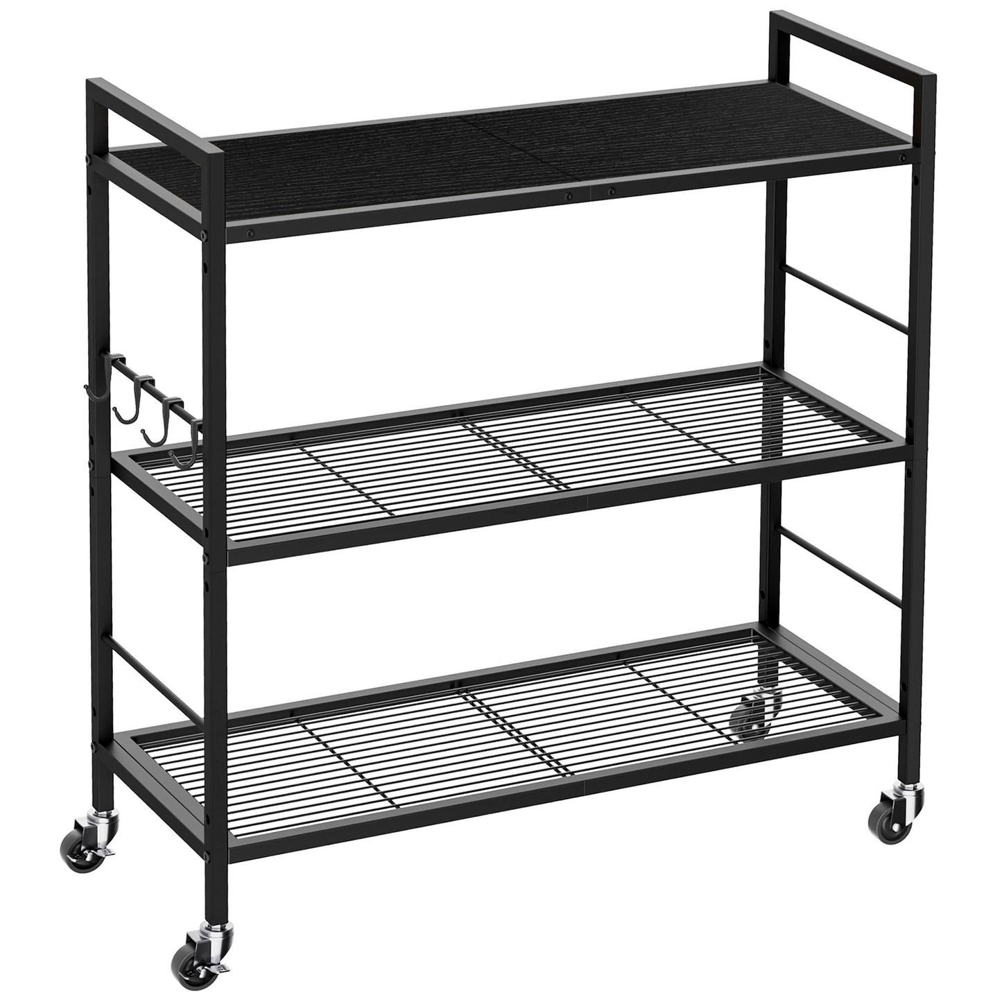 3-Tier kitchen trolley,Black Wood Top,80W×30Dcm,4 Hooks, Adjustable Shelves