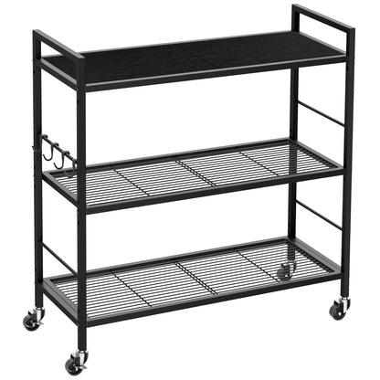 3-Tier kitchen trolley,Black Wood Top,80W×30Dcm,4 Hooks, Adjustable Shelves