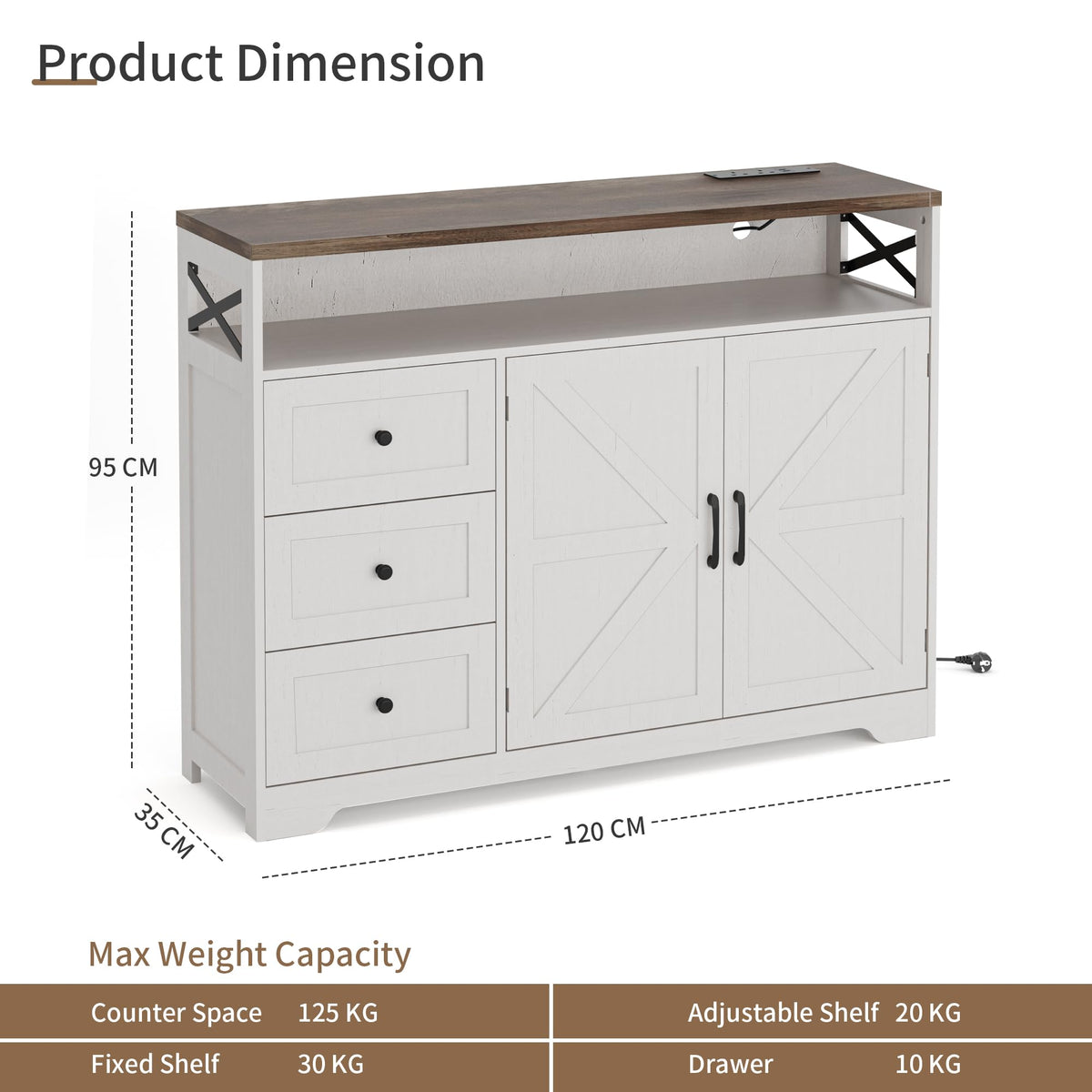 BonVache Sideboard Cabinet,Wooden Sideboard with Adjustable Shelf,3 Drawers and Open Shelf,Storage Cabinet for Living Room,Kitchen Storage Unit for