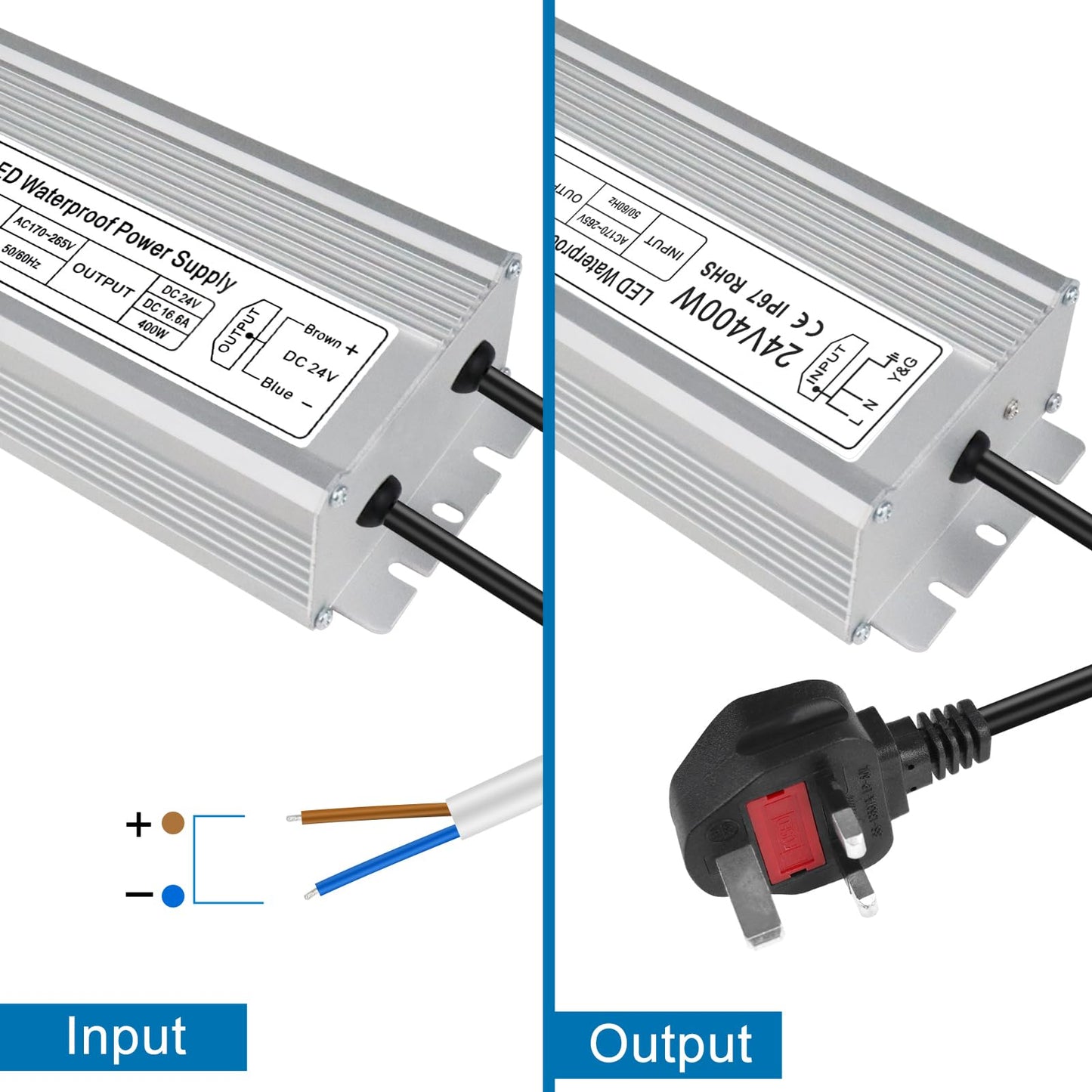 inShareplus LED Power Supply, 24V 400W IP67 Waterproof Outdoor Driver, AC 170-265V to DC 24V 16.6A Low Voltage Transformer, Adapter with 3-Prong Plug