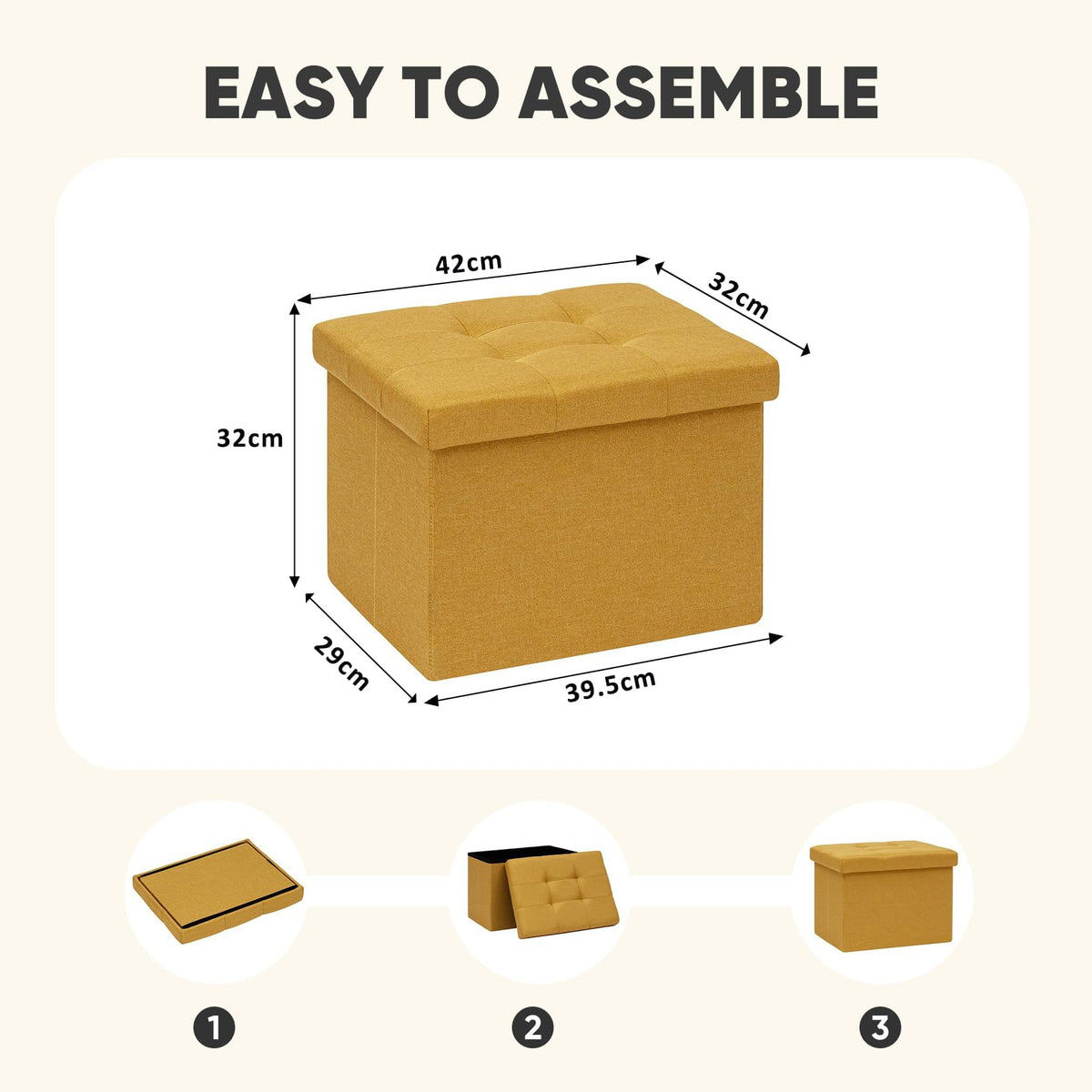 PINPLUS Linen Ottoman Storage Box with Lid, 42x32x32 cm, Ginger Yellow