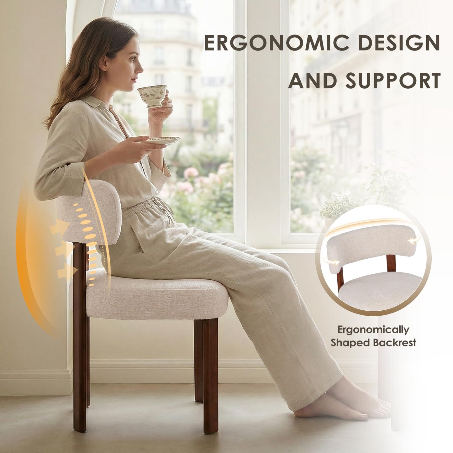 COLAMY Wooden Dining Chairs Set of 4, Fabric Chairs for Dining Room with Open Curved Backrest and Thick Seat Cushion