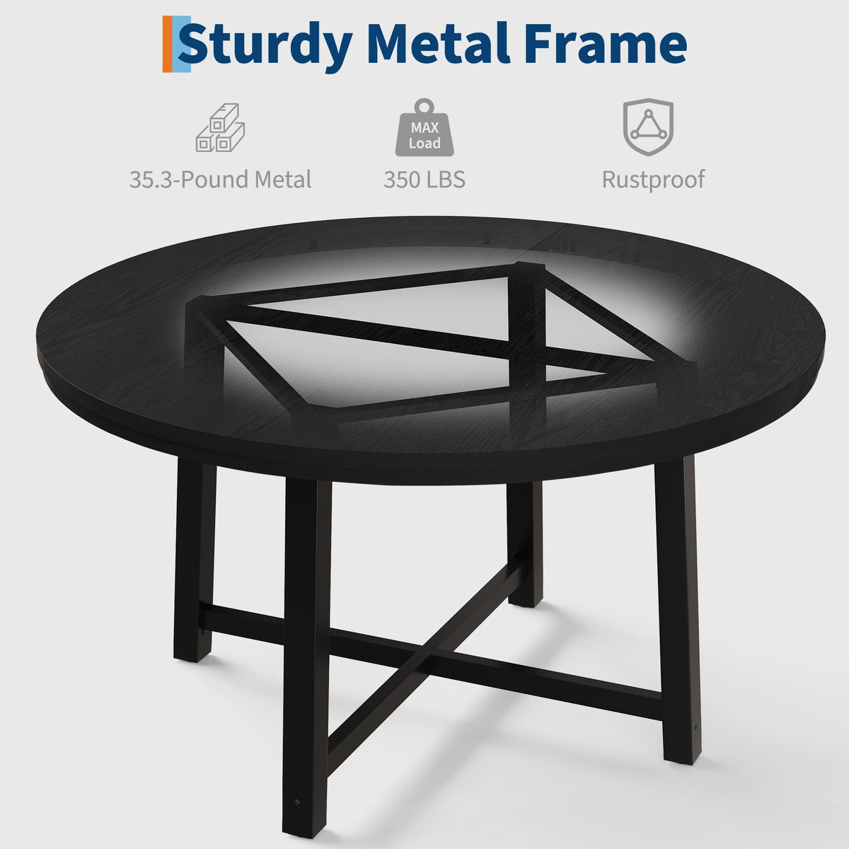 47 in Round Dining Table, Industrial Dinner Table for 4 to 6, Wooden Kitchen Table with Sturdy Metal Frame & Rustic Light Oak Finish