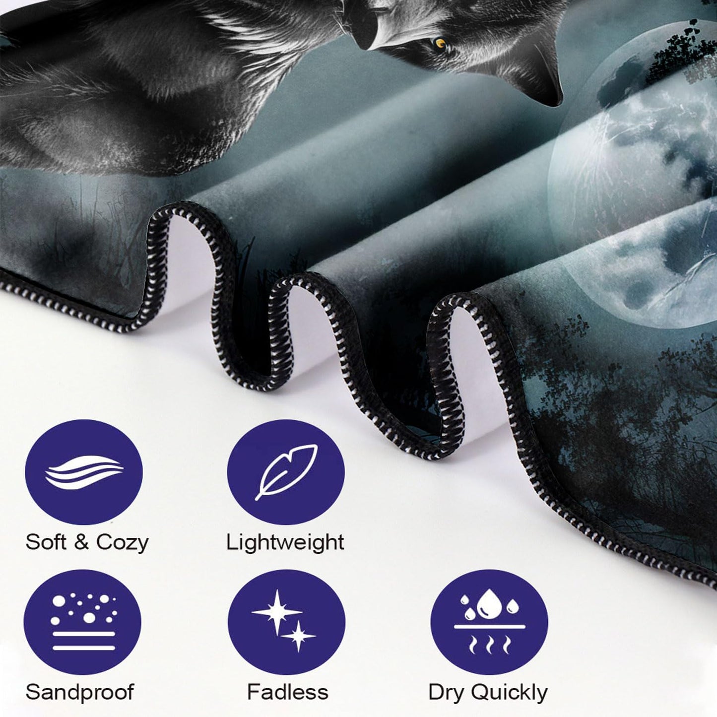 YISUMEI Black Wolf Beach Towels for Adults Extra Large 180 x 90 cm, Microfibre Quick Dry Towel for Travel Swimming Camping Sports