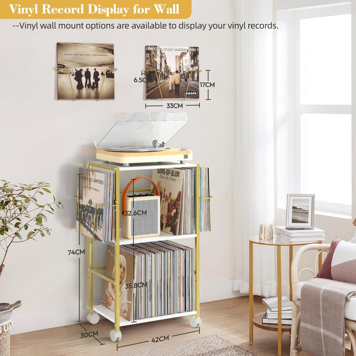 Bikoney Rolling Record Player Stand with Vinyl Storage for 150 Albums, Gold