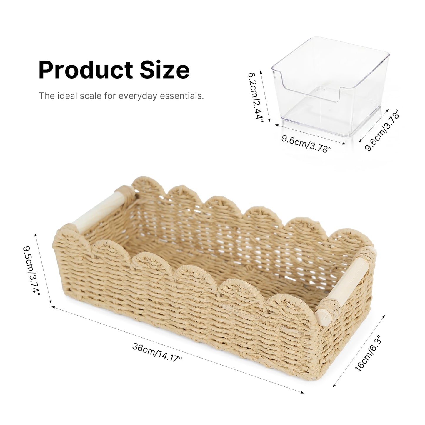 Storage Basket for Toilet Tank Top Scalloped Edge Woven Paper Rope Wicker Bin with Wooden Handles Cute Decorative Organizer Tray for Counter Shelf &