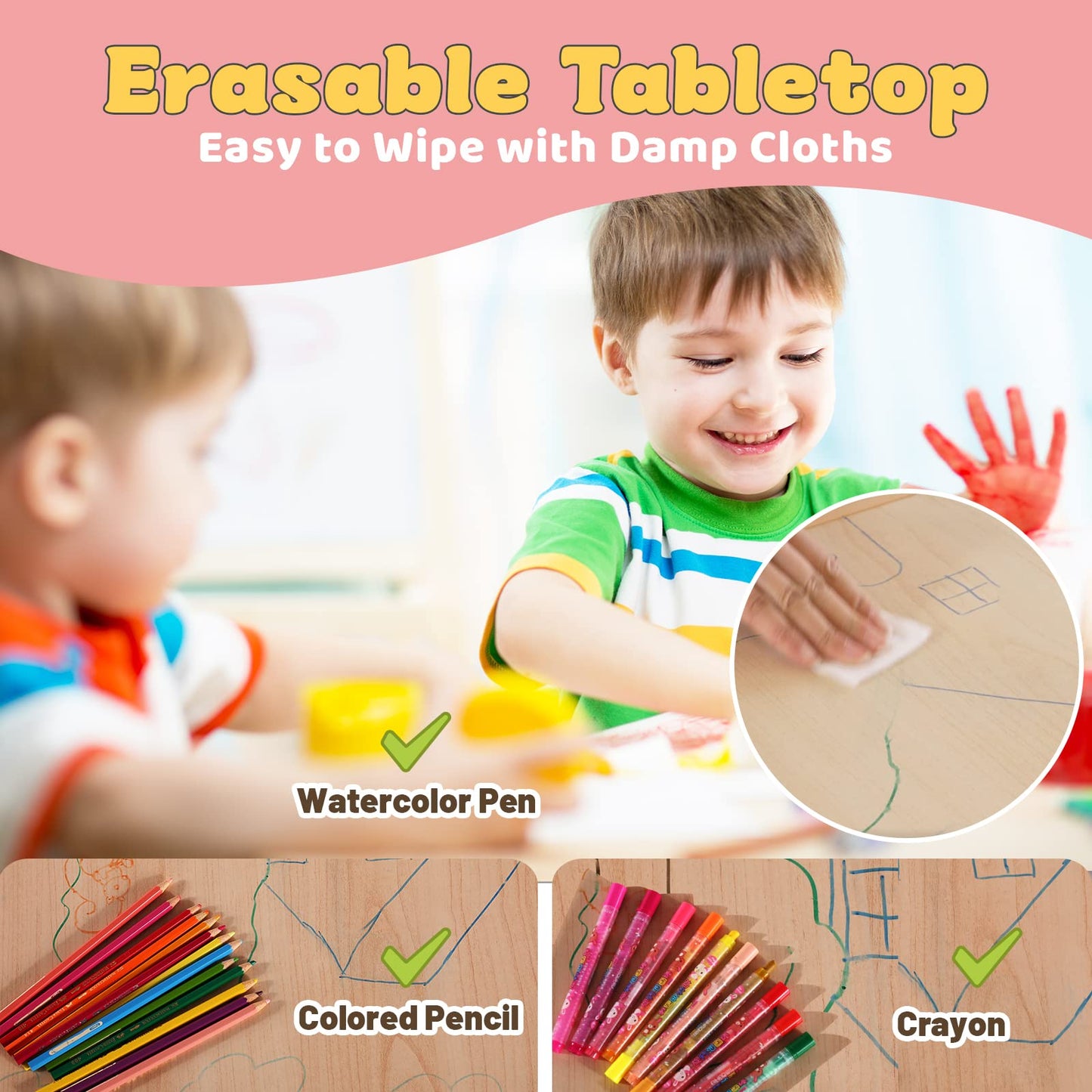 FUNLIO Kids Table and 2 Chairs Set, Height Adjustable Toddler Table and Chair Set for Ages 3-8, Easy to Wipe Arts & Crafts Table, for
