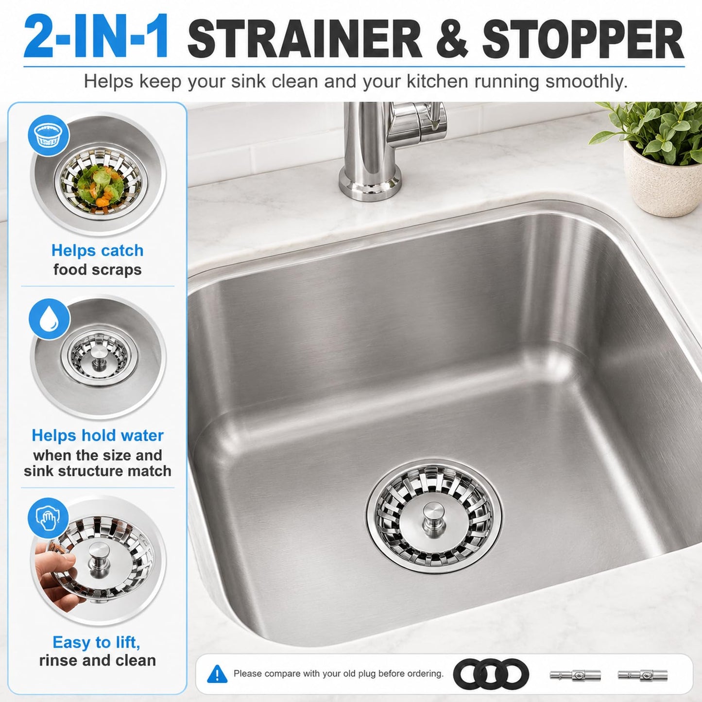 Kitchen Sink Plug Strainer, Stainless Steel Sink Plug Replacement for 82mm Old Plug Size, Food Hair Catcher Drain Stopper, Pop Up Sink Drainer Plug