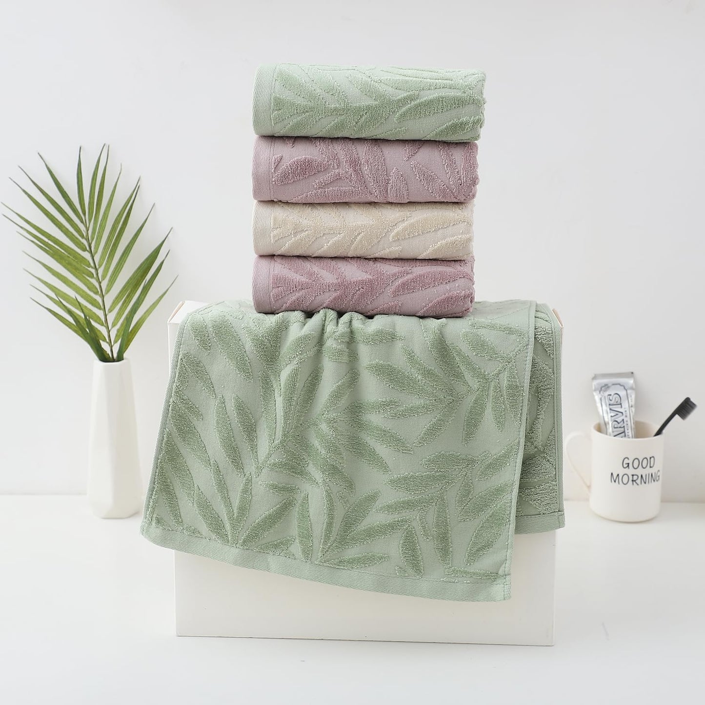 Pidada Hand Towels Set of 2 Leaf Pattern 100% Cotton Absorbent Soft Decorative Towel for Bathroom (Purple)