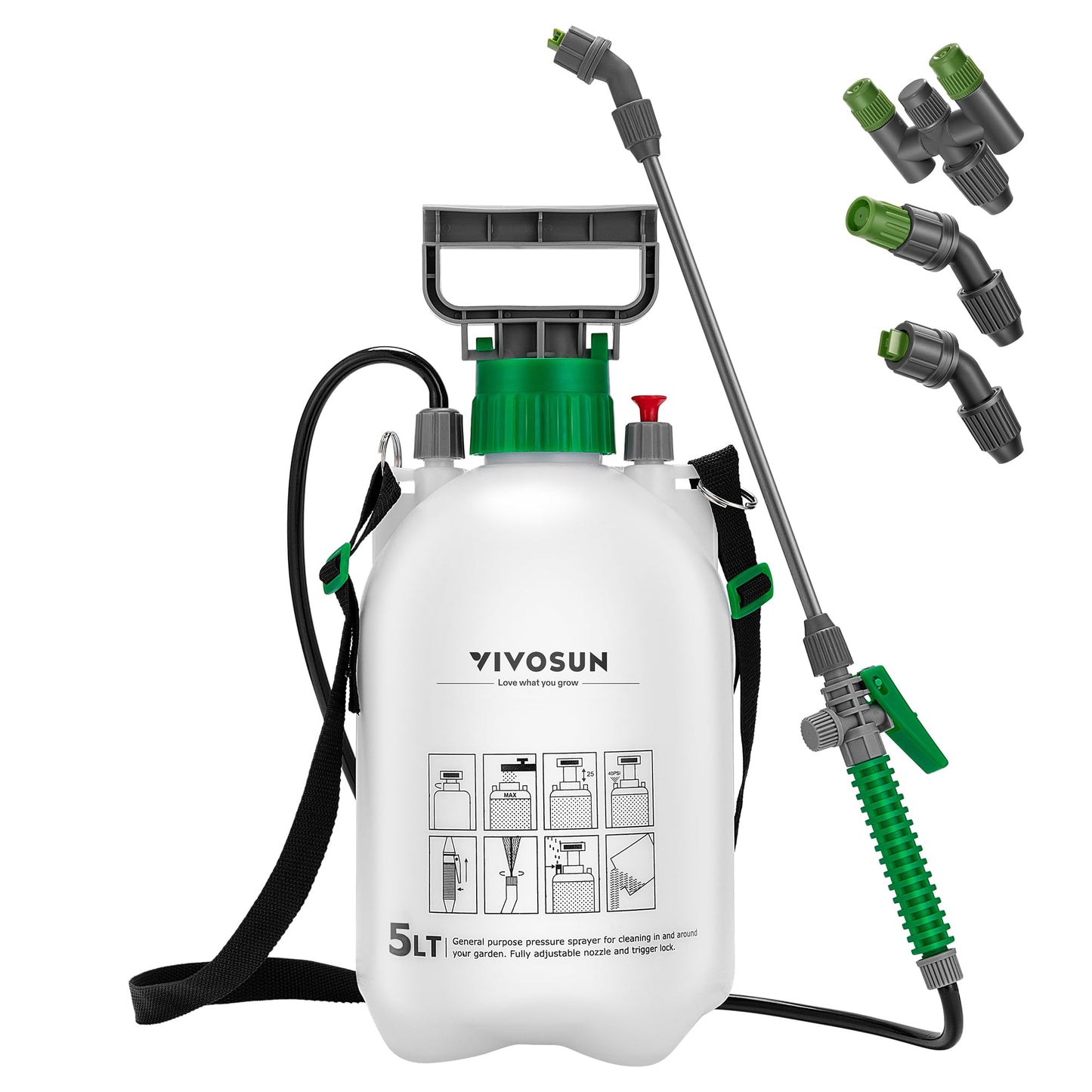 VIVOSUN 1.3 Gallon Pump Pressure Sprayer, 5L Pressurized Lawn & Garden Water Spray Bottle with 3 Water Nozzles, Adjustable Shoulder Strap, Pressure