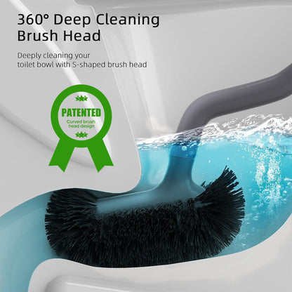 HAMITOR Toilet Bowl Brush Holder Set: Bathroom Deep Cleaning Toilet Cleaner Scrubber Under Rim with Curved Bristle for Dead Corner Clean
