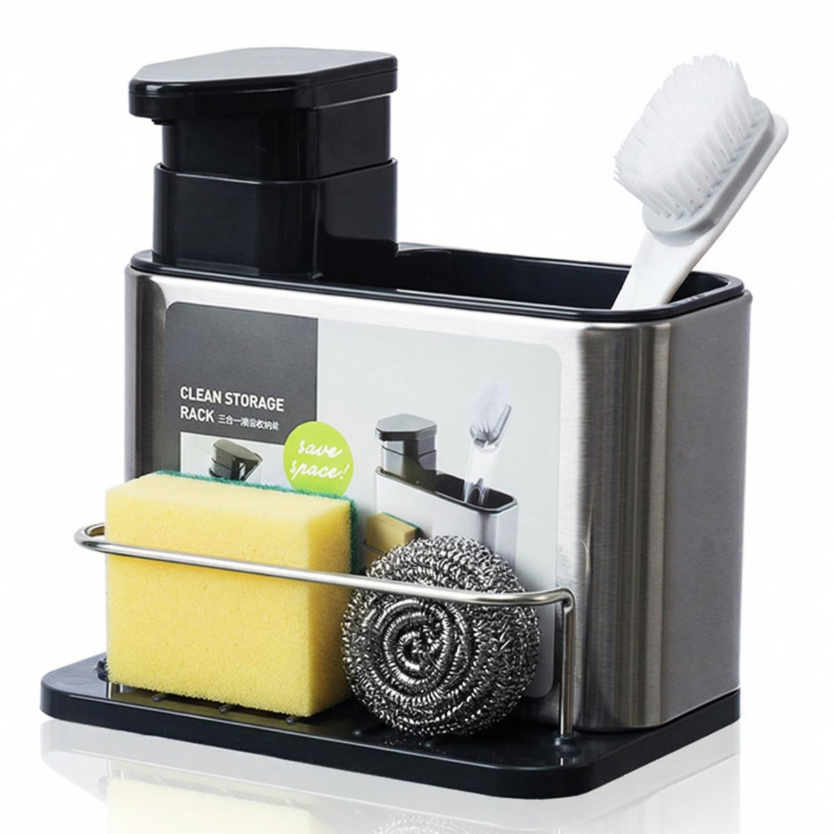 Irishom 3-in-1 Kitchen Soap Dispenser with Stainless Steel Sink Caddy, Dishwashing Liquid Dispenser and Sponge & Brush Holder Organizer with Drain