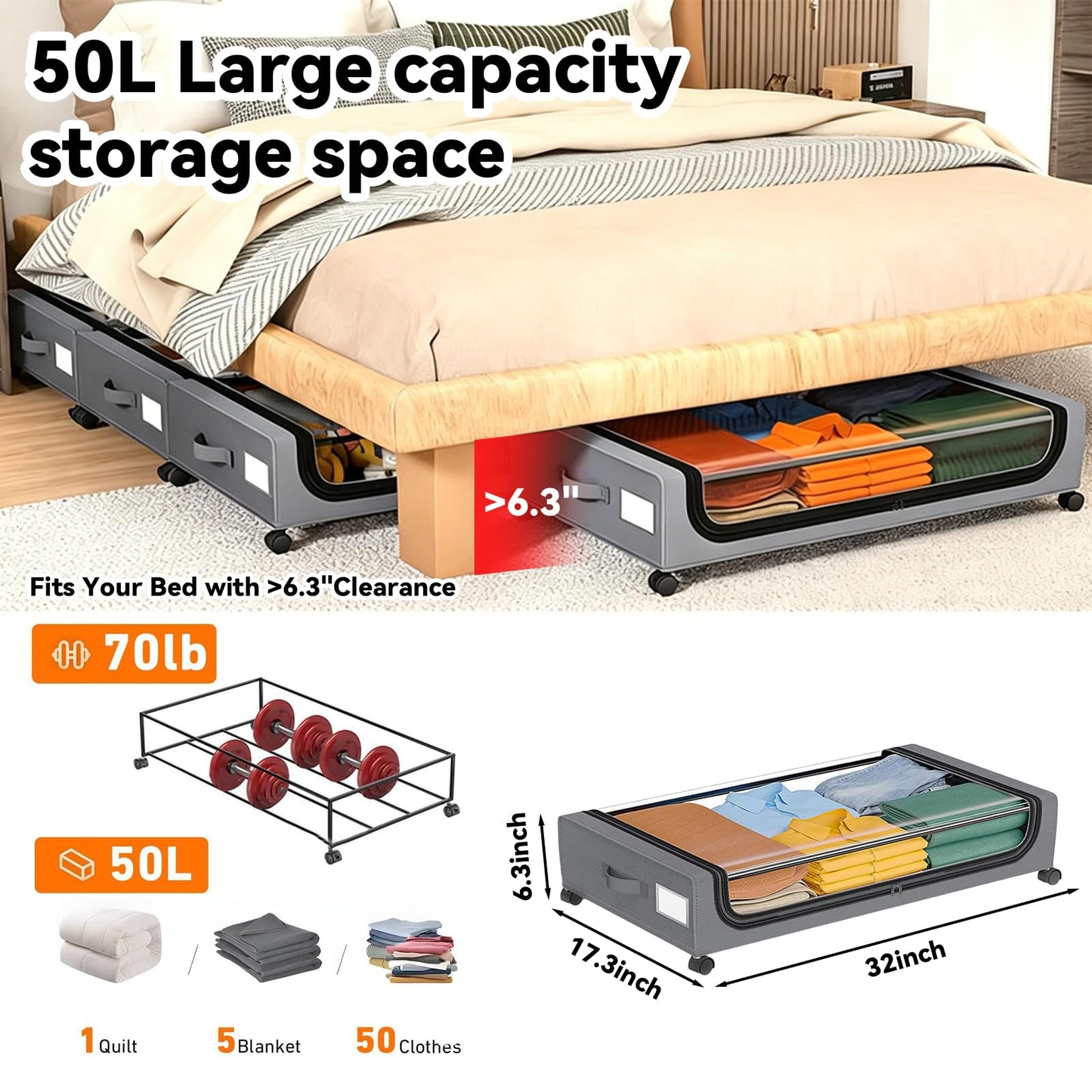 UTJEFVS 2 Pack Under Bed Storage With Wheels, 50L