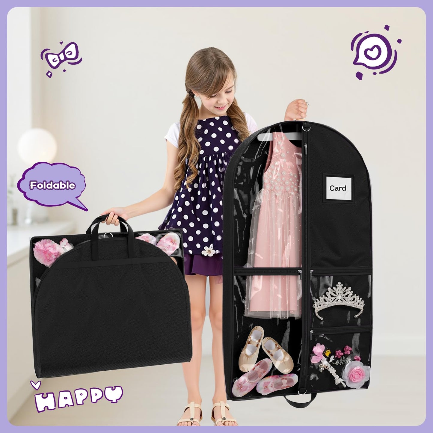 Costume Garment Bags for Dancers, Garment Bags with 3 Clear Zipper Pockets, Clothes Covers Protector Bags for Suits, Travel & Sports Jersey