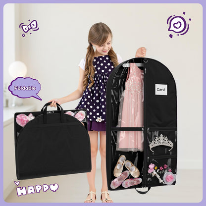 Costume Garment Bags for Dancers, Garment Bags with 3 Clear Zipper Pockets, Clothes Covers Protector Bags for Suits, Travel & Sports Jersey