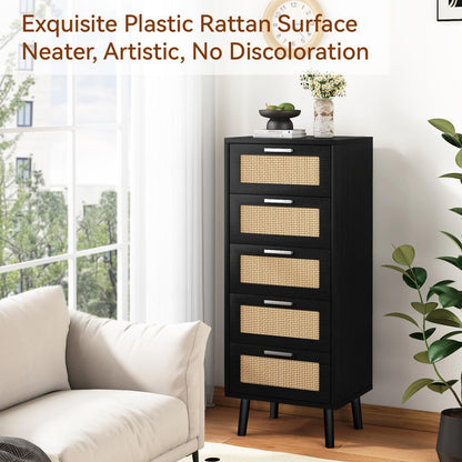 IBUYKE Rattan Chest of Drawers Bedroom with 5 Drawers,Black WST010B