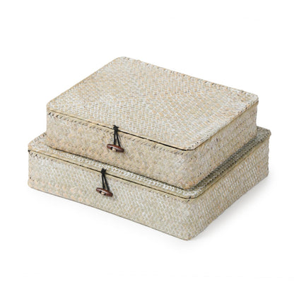 YANGQIHOME - Set of 2 Seagrass Baskets with Lids, Rectangular Woven Storage Baskets, Natural Wicker Boxes for Coffee Table, Shelf