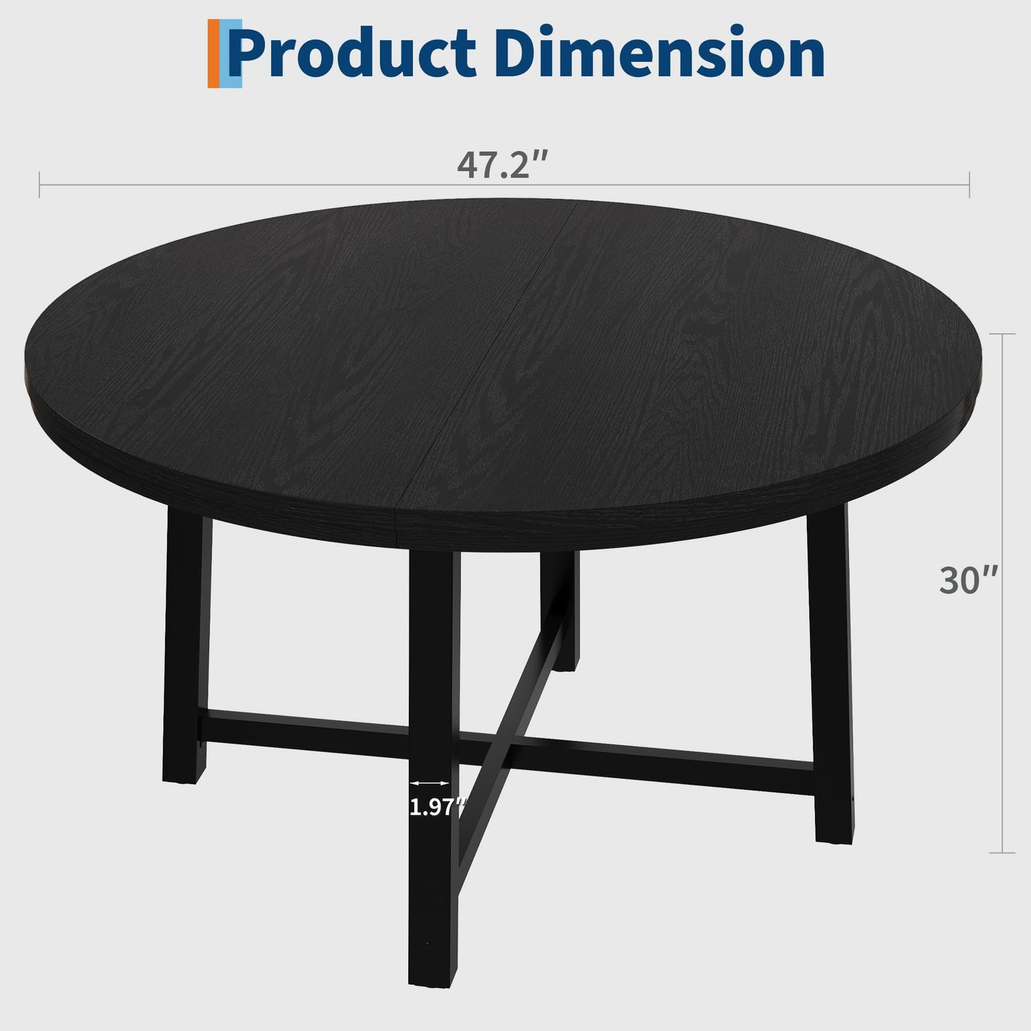 47 in Round Dining Table, Industrial Dinner Table for 4 to 6, Wooden Kitchen Table with Sturdy Metal Frame & Rustic Light Oak Finish