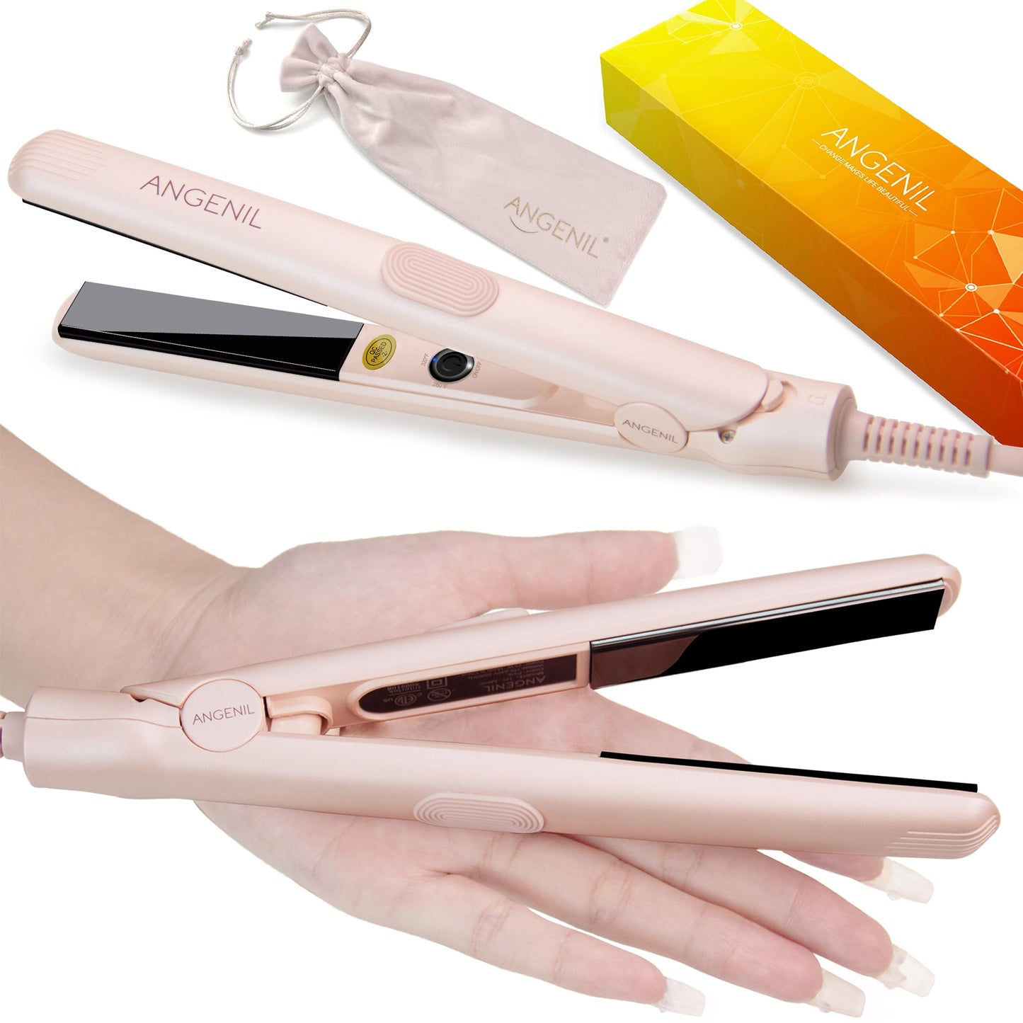 ANGENIL Ultra Mini Titanium Ceramic Flat Iron for Short Hair, Mini Dual Voltage Hair Straightener 1.8 cm, Small Pink Flat Irons Anti-Scald Silicone