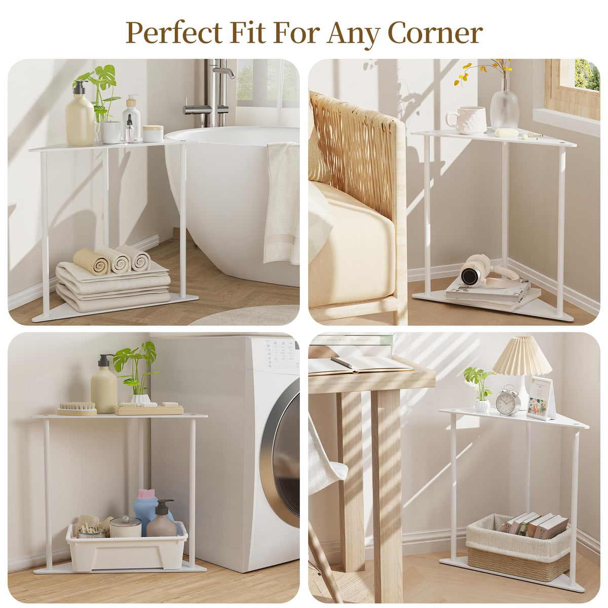 Yawinhe Triangle Metal Side Table,2-Tier Small Corner Table,White,1 Pack