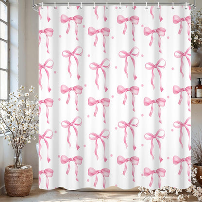 GCIREC Shower Curtain, 180x200cm, Pink Cute Aesthetic Bowknot Bows Waterproof Fabric Machine Washable Bathroom Curtain with Hooks
