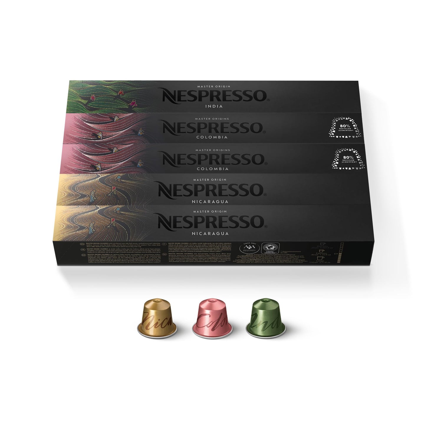 Nespresso Original Bundle Master Origins 50 Coffee Capsules - 10x India, 20x Colombia, 20x Nicaragua