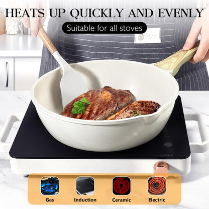 GiPP Nonstick Deep Frying Pan - 2.6L White Granite Saute Pan with Lid, Pour Spout and Stay-Cool Handle, Non Stick Skillet Non Toxic Cooking Pan