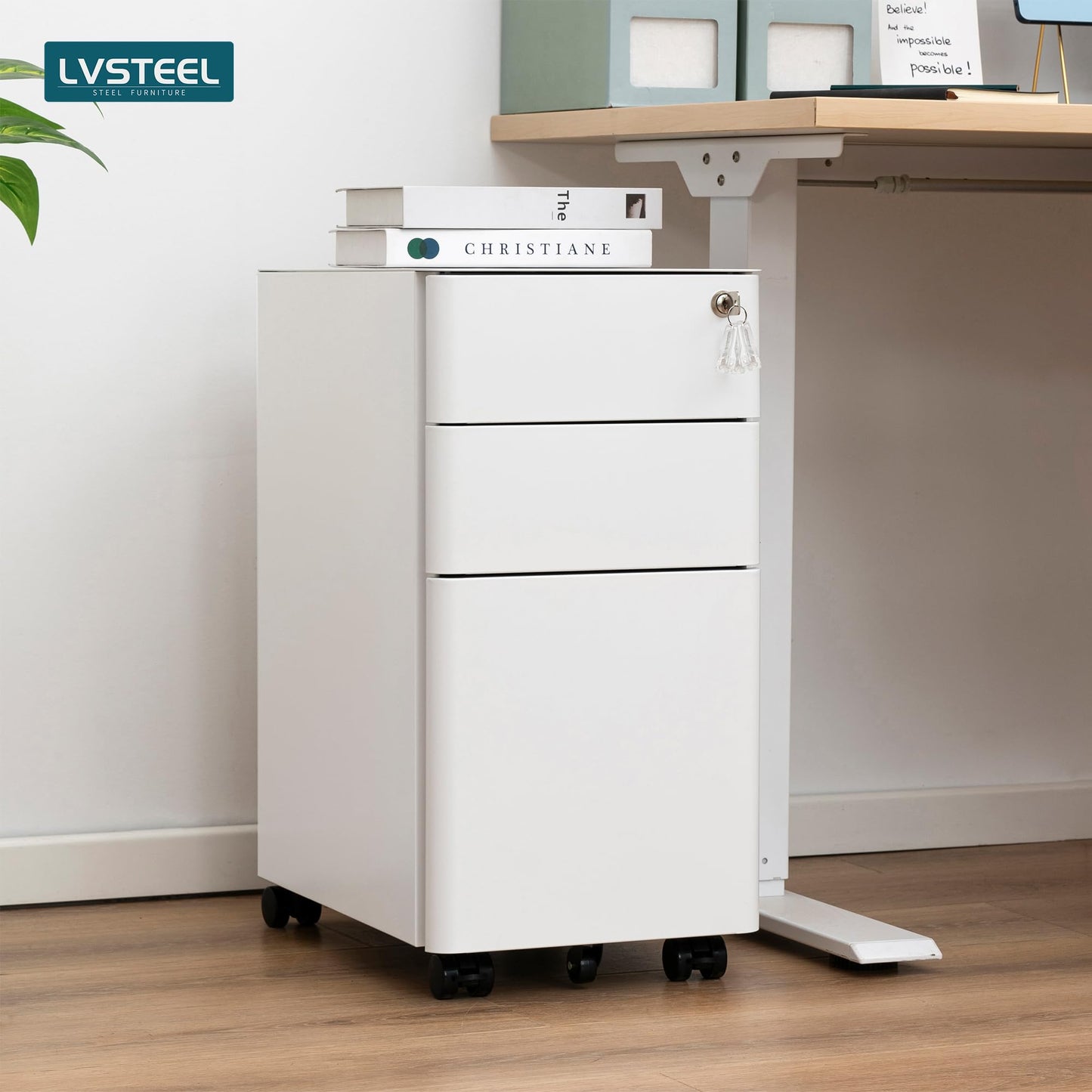 LVSTEEL Lockable 3-Drawer Metal Filing Cabinet on Wheels, Fully Assembled Mobile Office Storage for A4/Letter/Legal