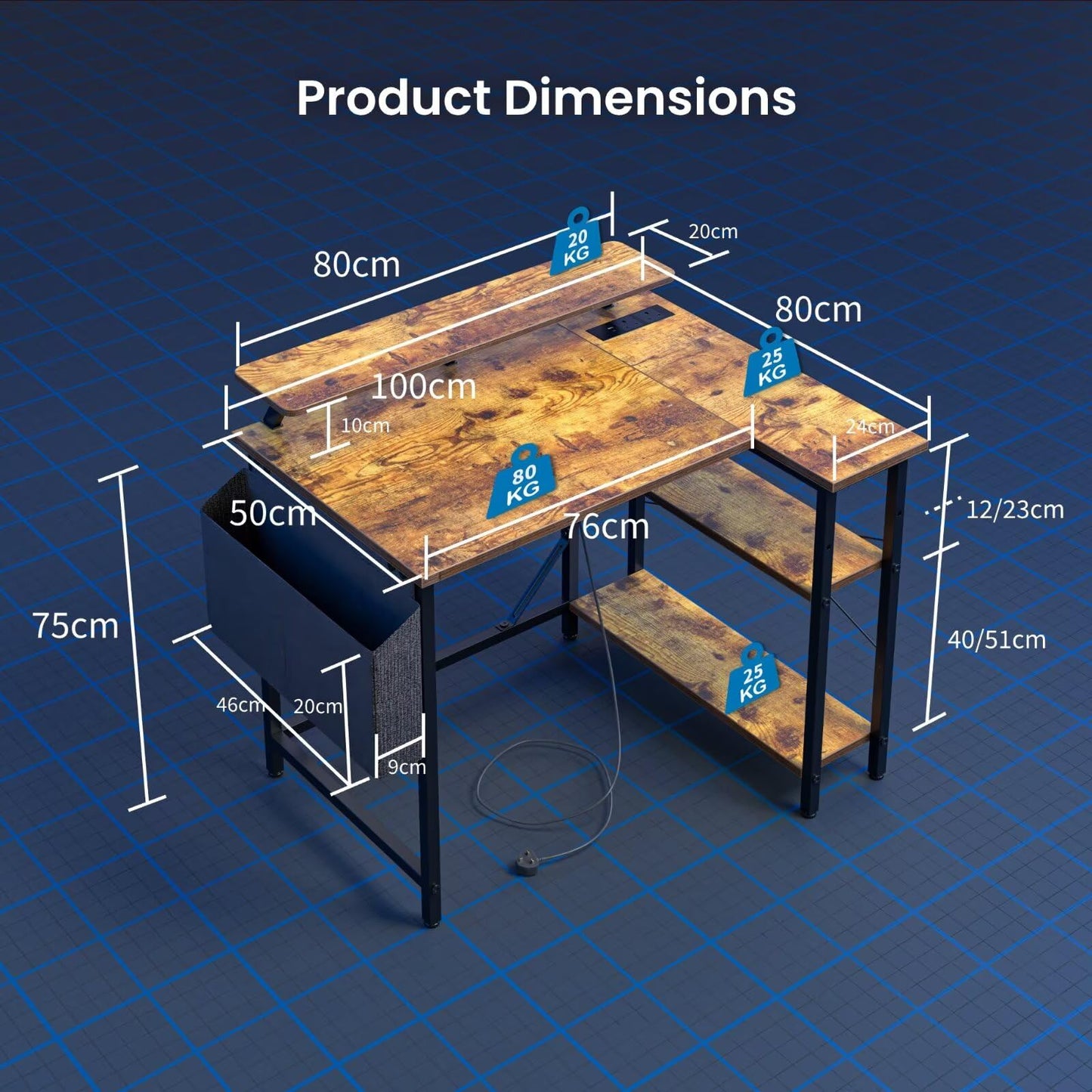 DOMSHOCT L Shaped Gaming Desk with LED Lights & Power Outlets, 100 * 80cm Small Corner Computer Table with Storage Bag & Adjustable Shelves & Large