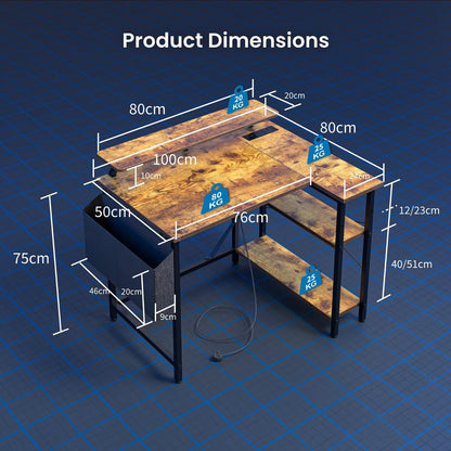 DOMSHOCT L Shaped Gaming Desk with LED Lights & Power Outlets, 100 * 80cm Small Corner Computer Table with Storage Bag & Adjustable Shelves & Large