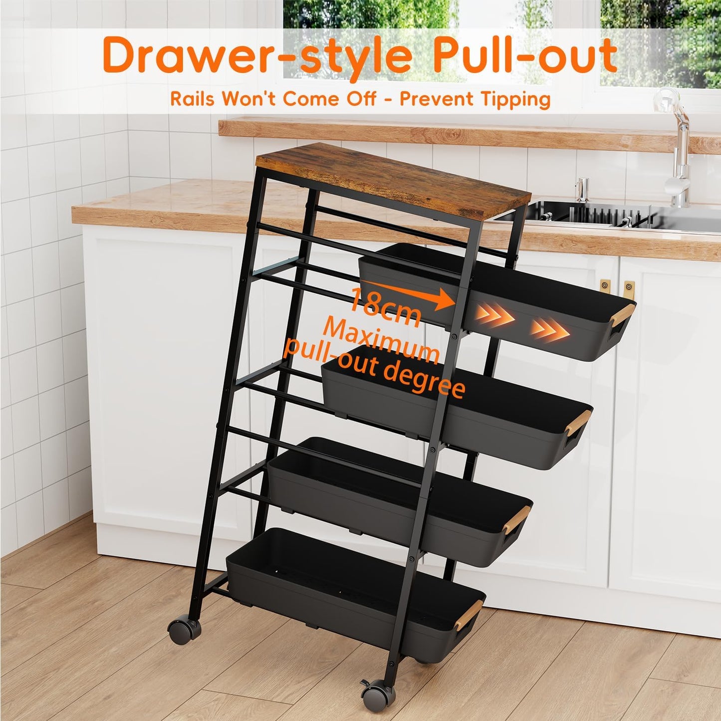 Uwoodia 5-Tier Slim Storage Trolley on Wheels, Metal Kitchen Rolling Cart with Pull-Out Baskets