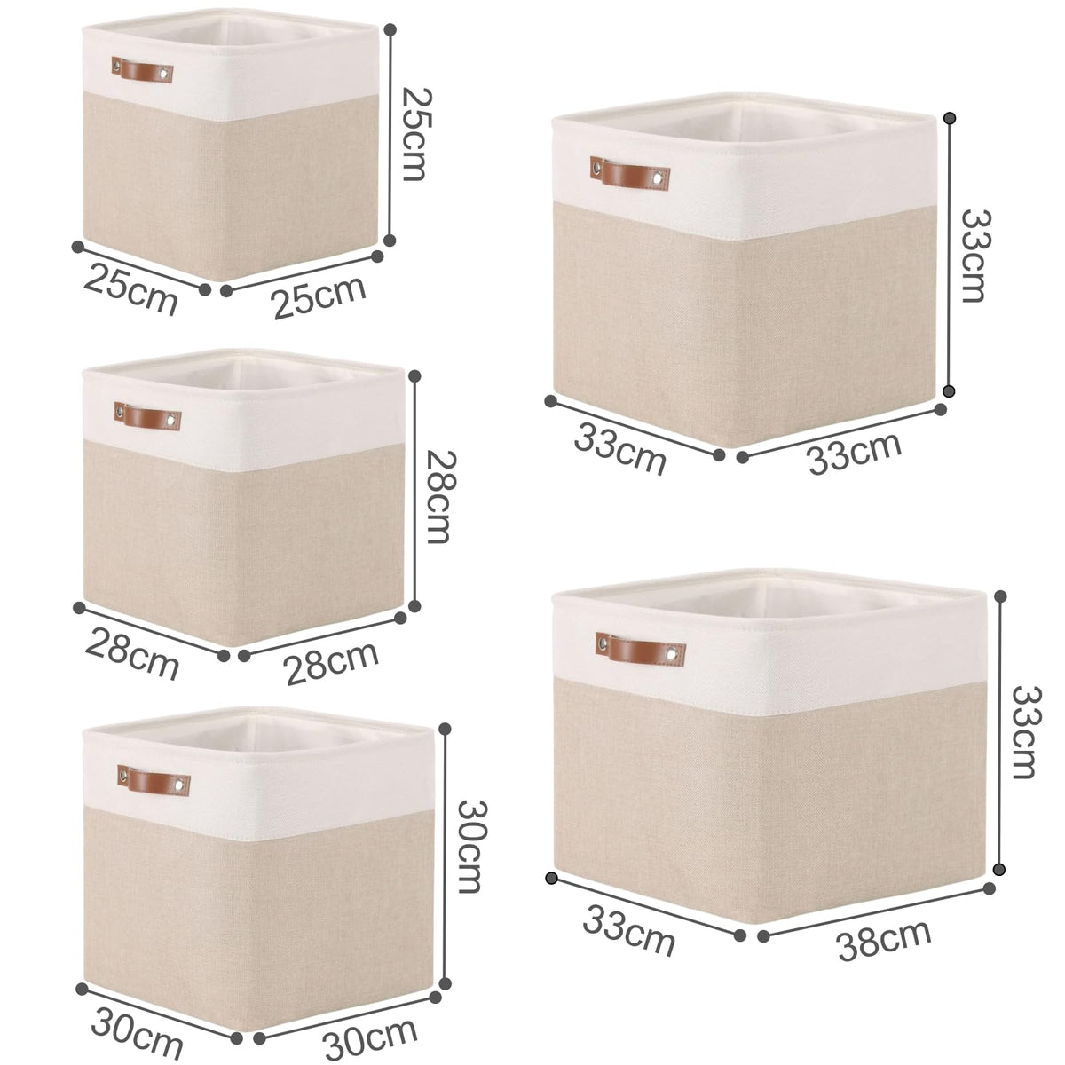 Mangata Collapsible Storage Cube Boxes, 30cm Cube Linen Woven Fabric Storage Baskets with Leather Handles 3pcs (Light Khaki and White)