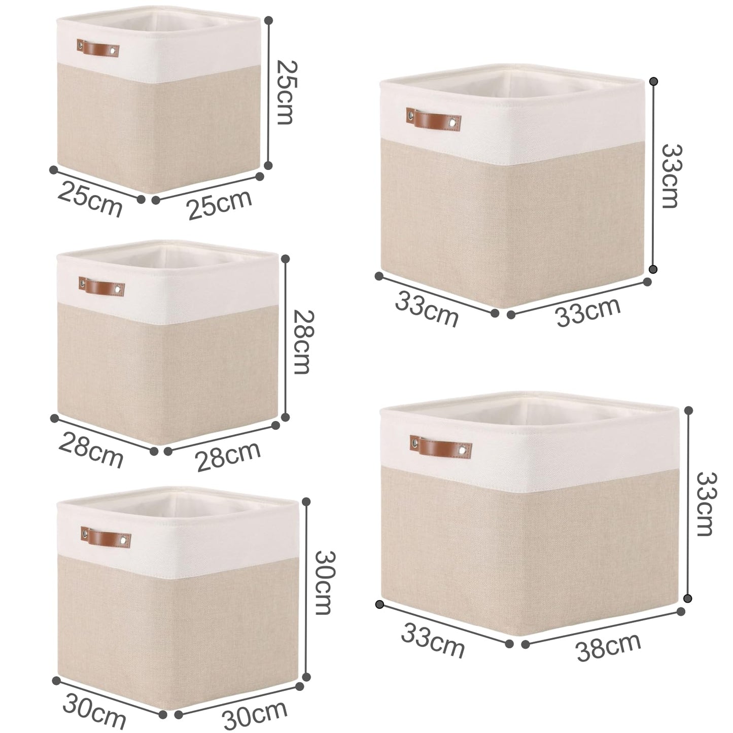 Mangata Collapsible Storage Cube Boxes, 33x38x33cm Linen Woven Fabric Storage Baskets with Leather Handles 4pcs (Light Khaki and White)