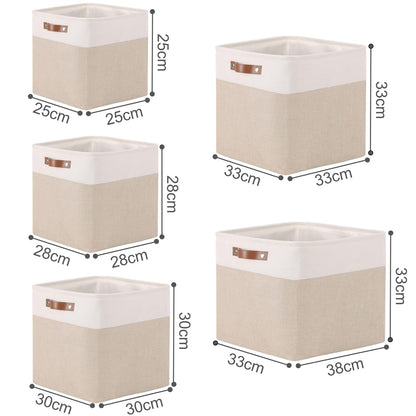 Mangata Collapsible Storage Cube Boxes, 33x38x33cm Linen Woven Fabric Storage Baskets with Leather Handles 4pcs (Light Khaki and White)